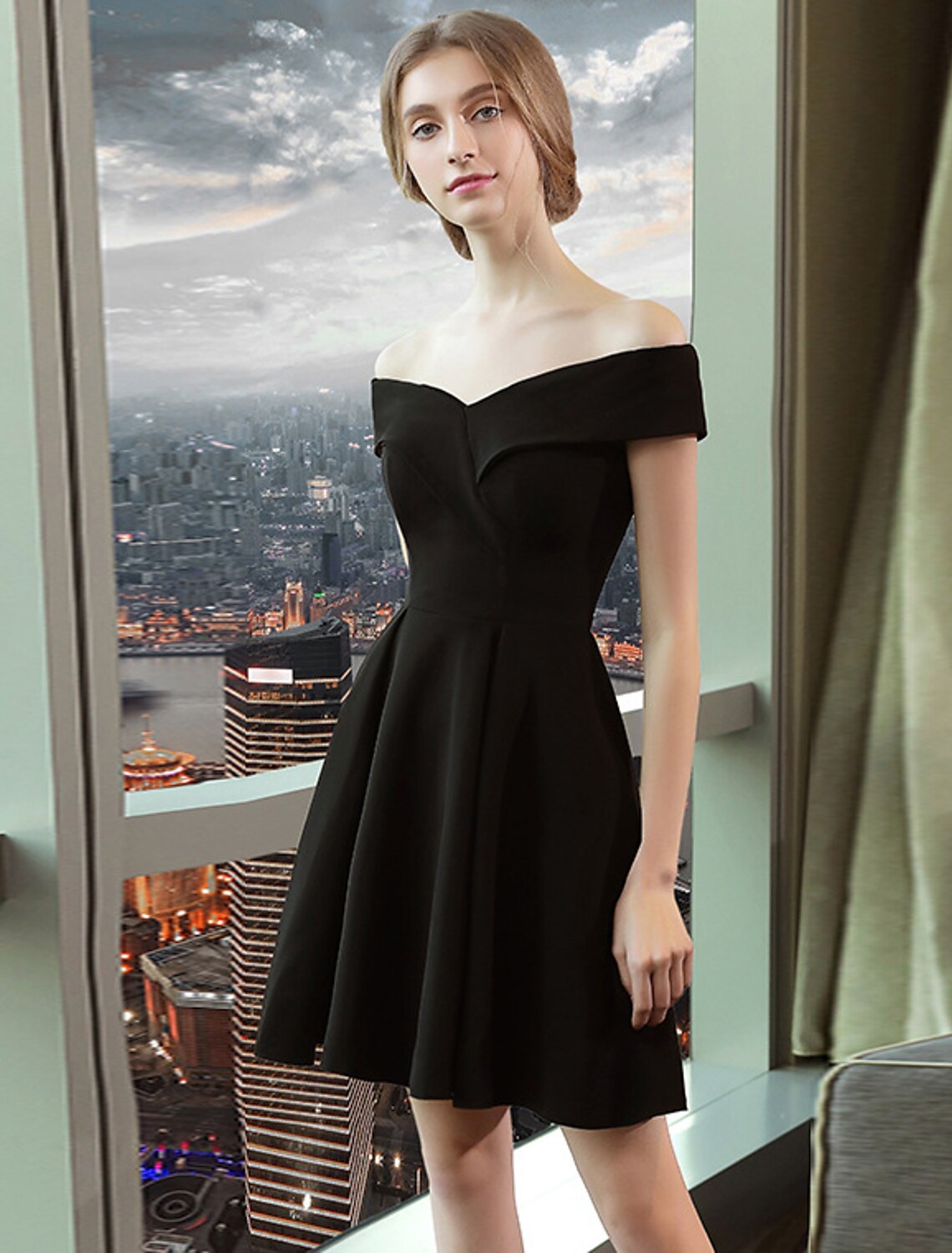 Abiti da cocktail a trapezio, eleganti, per ballo di fine anno, laurea, lunghezza al ginocchio, maniche corte, spalle scoperte, spandex, con elegante